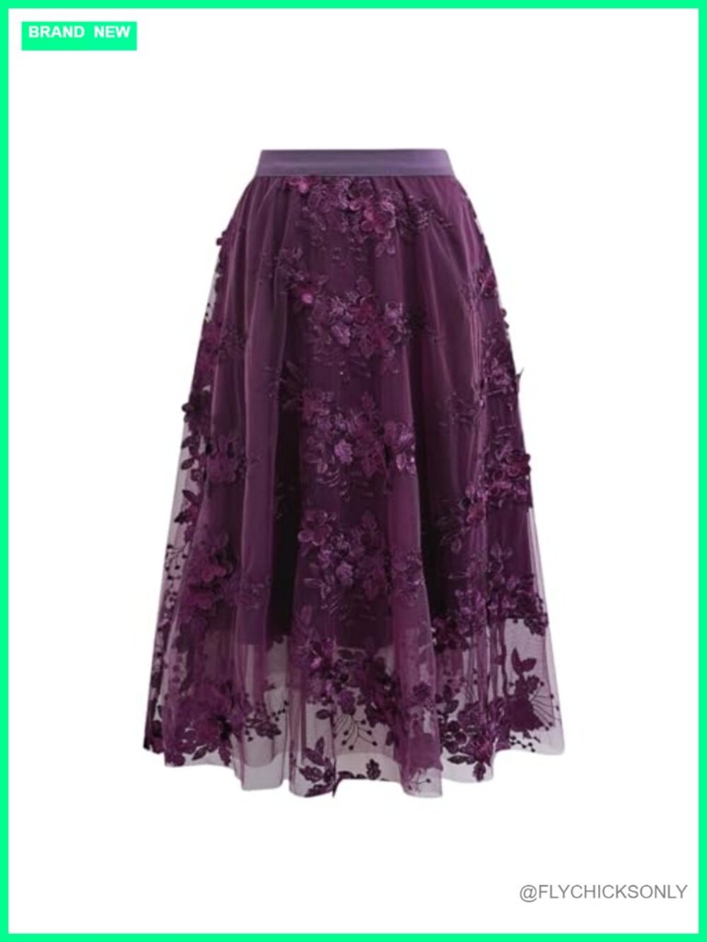 3D Floral Embroidered Tulle Skirt Flare A Line High Elastic Waist Mesh Midi